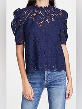 Generation Love Navy Lace Puff-Sleeve Blouse